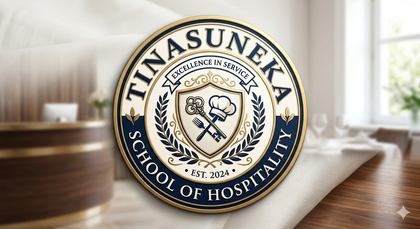 The logo features a chef's hat, key, fork, and knife, symbolizing hospitality and culinary arts. It's circular with a gold border, blue and white colors, and an elegant design conveying excellence. The background is a blurred hotel lobby. 